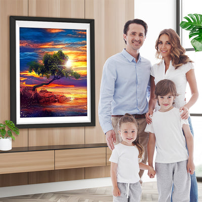 Baum Felsen Meer Sonnenuntergang Diamond Painting