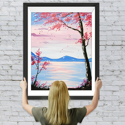 Baum mit rosa Blumen am See Diamond Painting