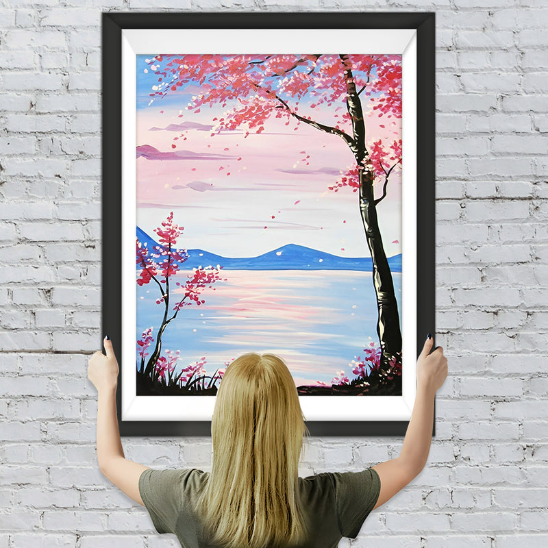 Baum mit rosa Blumen am See Diamond Painting