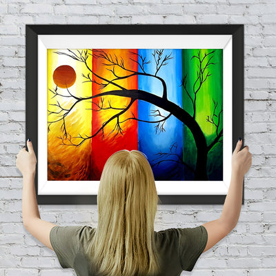 Baum, Sonne und Vierfarben-Hintergrund Diamond Painting