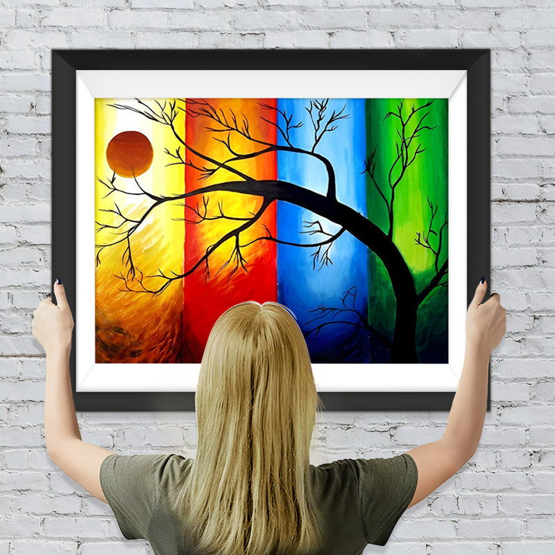 Baum, Sonne und Vierfarben-Hintergrund Diamond Painting