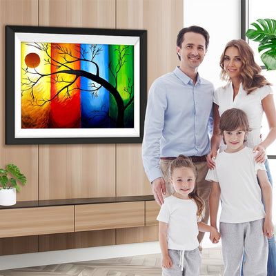 Baum, Sonne und Vierfarben-Hintergrund Diamond Painting