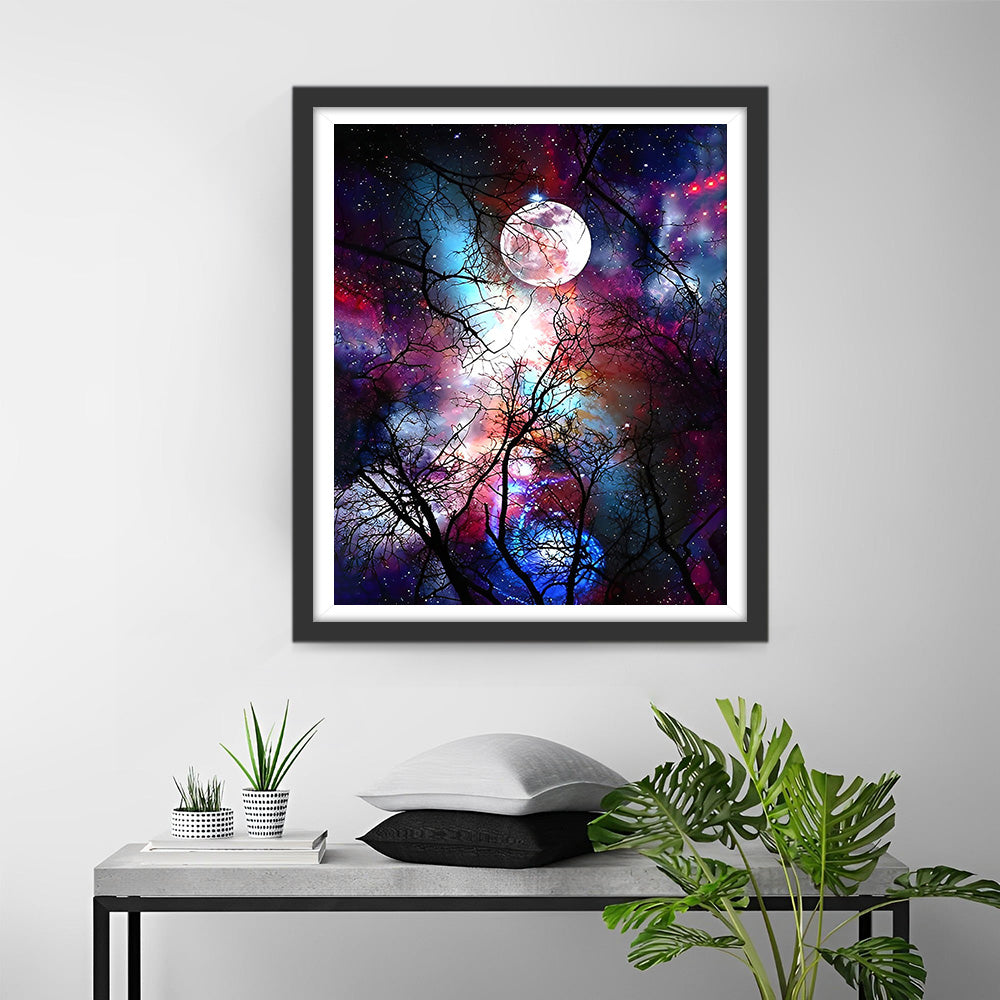 Baum und Mond unter lila Sternenhimmel Diamond Painting