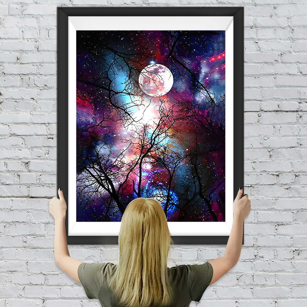 Baum und Mond unter lila Sternenhimmel Diamond Painting