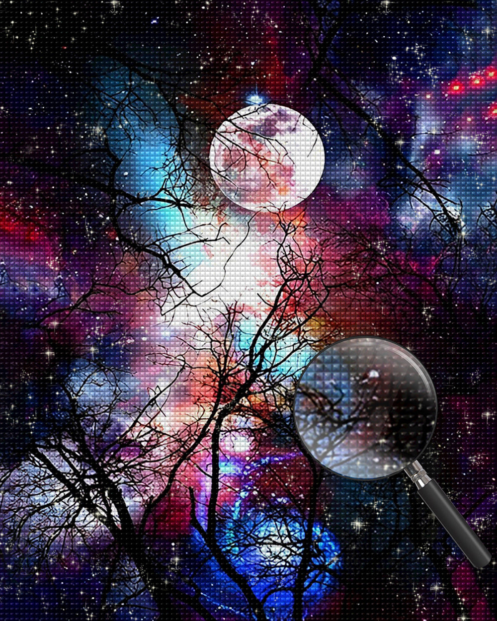 Baum und Mond unter lila Sternenhimmel Diamond Painting