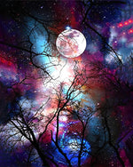 Baum und Mond unter lila Sternenhimmel Diamond Painting