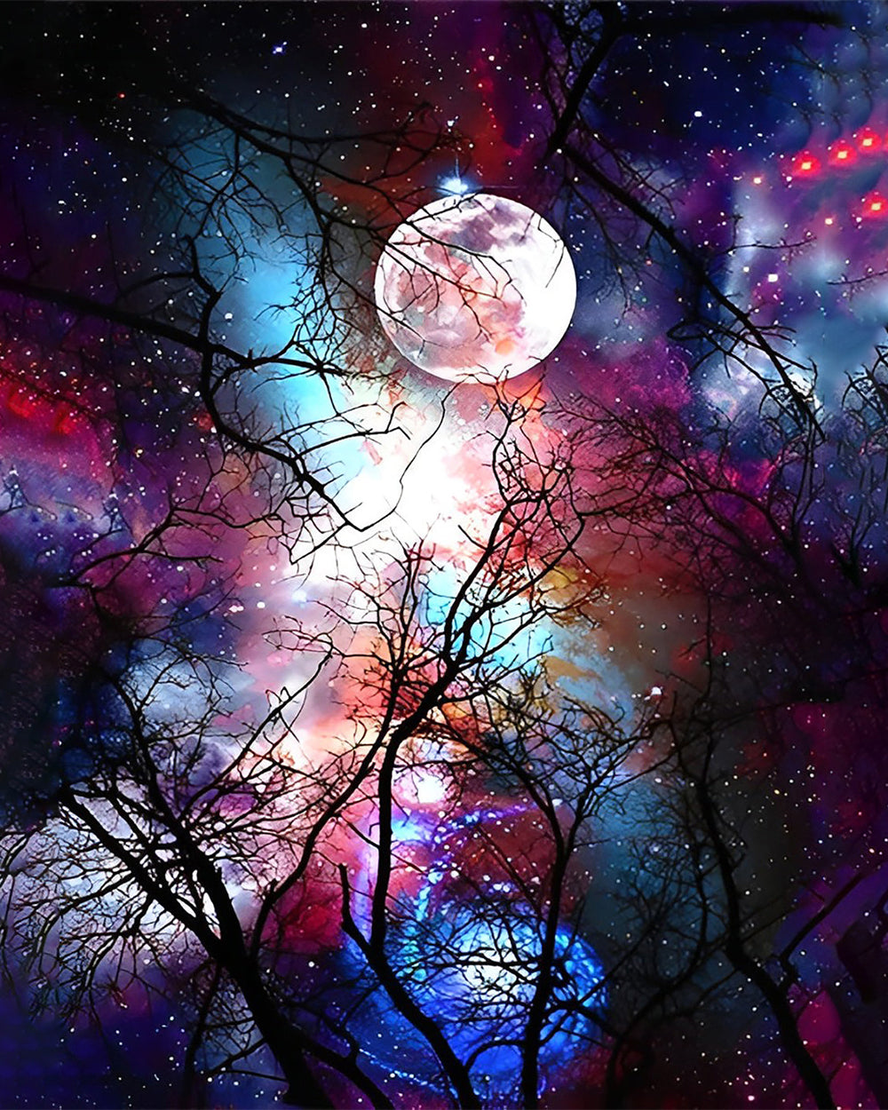 Baum und Mond unter lila Sternenhimmel Diamond Painting
