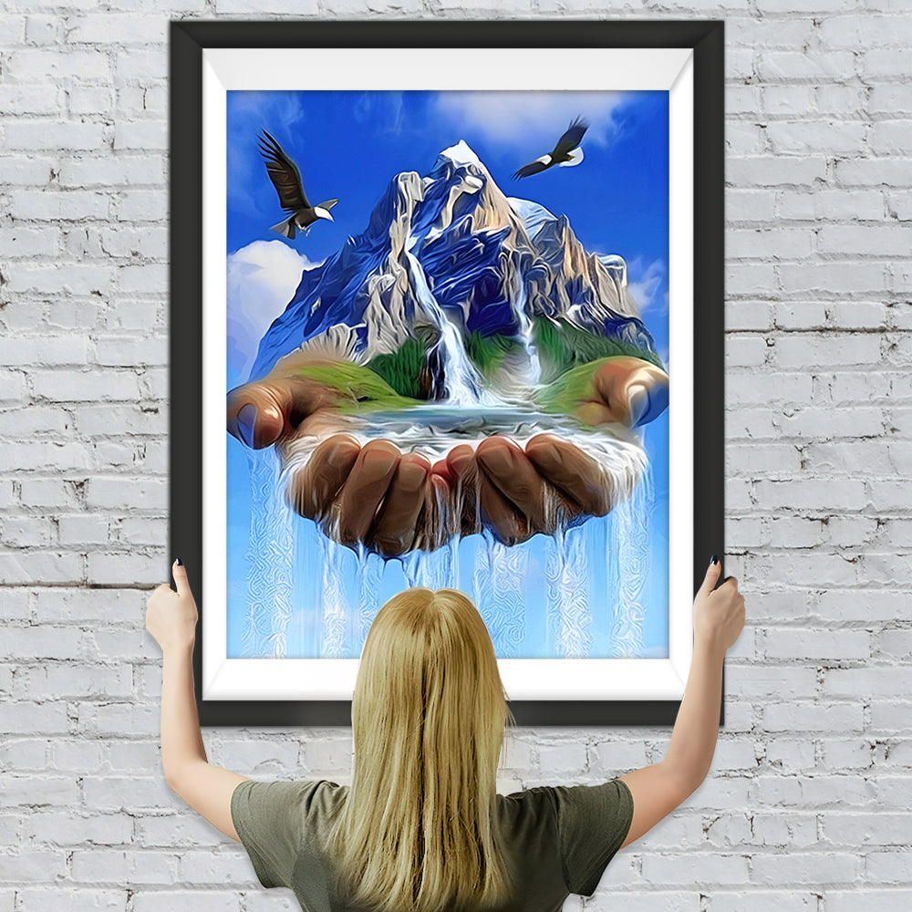 Berg und Wasserfall in der Hand Diamond Painting