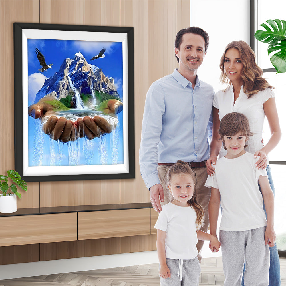 Berg und Wasserfall in der Hand Diamond Painting