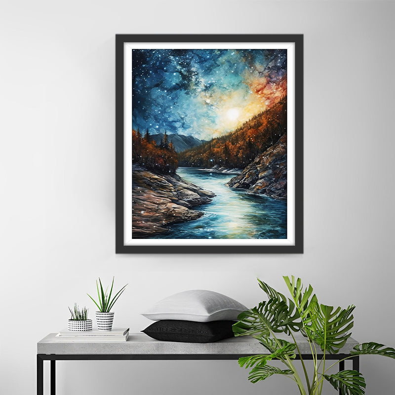 Berge und Fluss unter dem ruhigen Sternenhimmel Diamond Painting