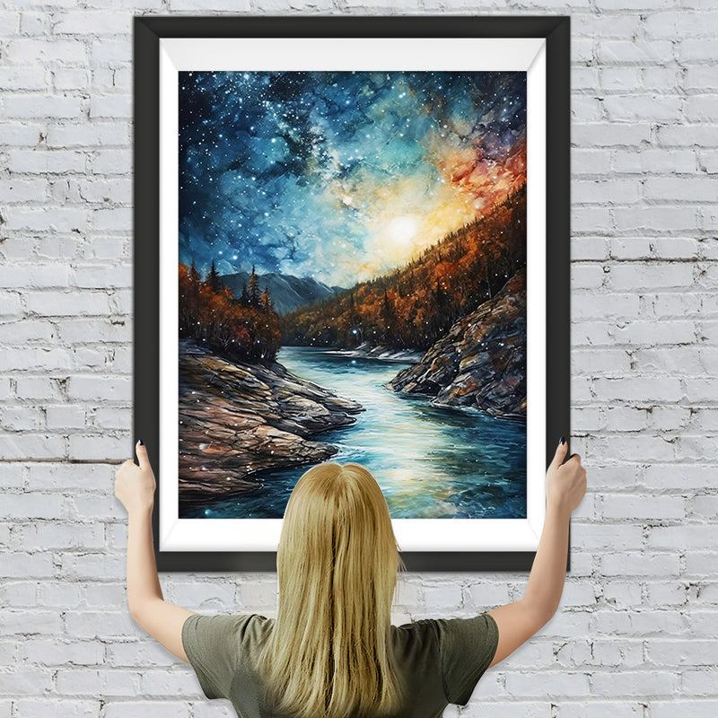 Berge und Fluss unter dem ruhigen Sternenhimmel Diamond Painting