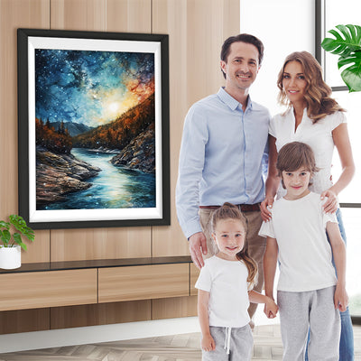 Berge und Fluss unter dem ruhigen Sternenhimmel Diamond Painting