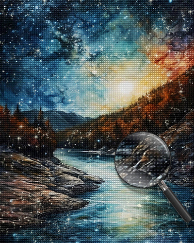 Berge und Fluss unter dem ruhigen Sternenhimmel Diamond Painting
