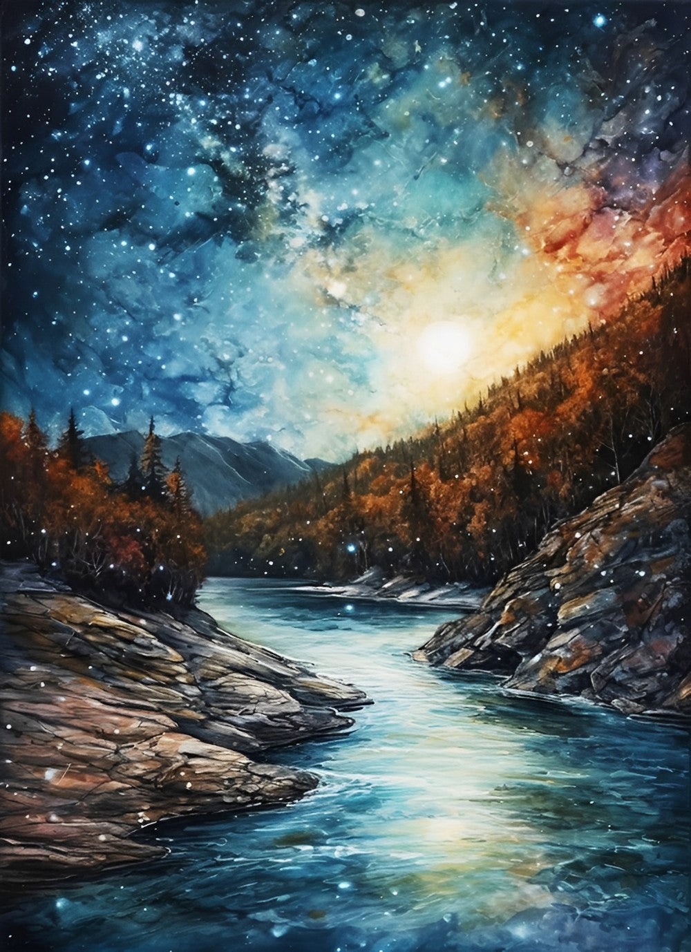 Berge und Fluss unter dem ruhigen Sternenhimmel Diamond Painting