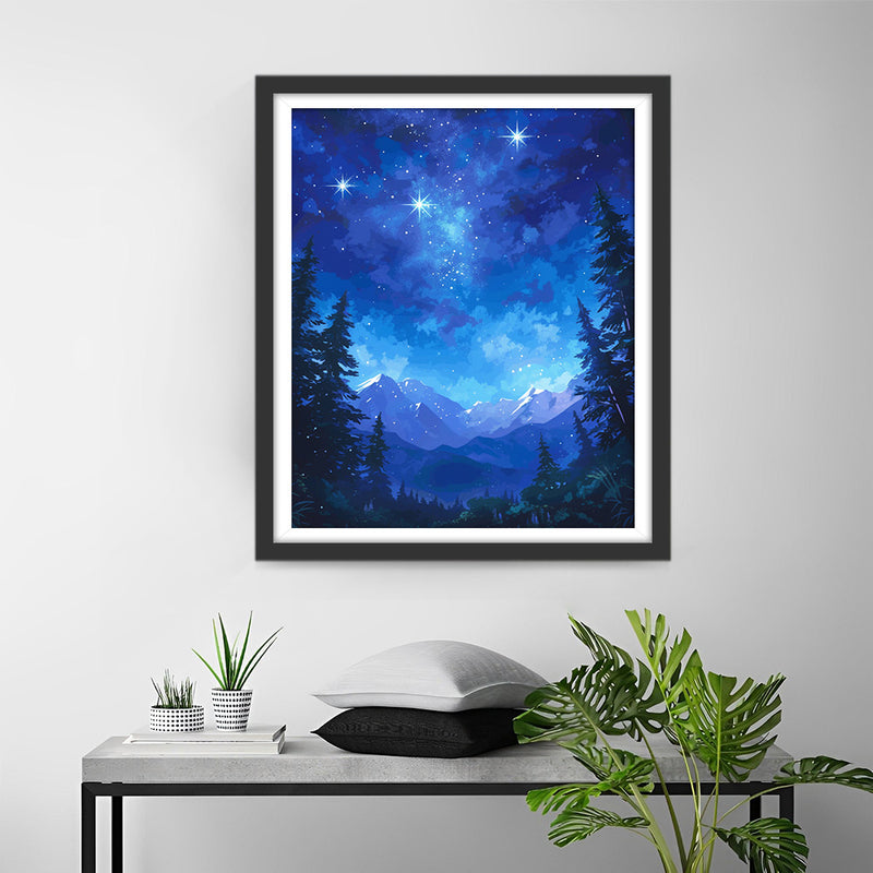 Berge und Wälder unter dem blauen Sternenhimmel Diamond Painting