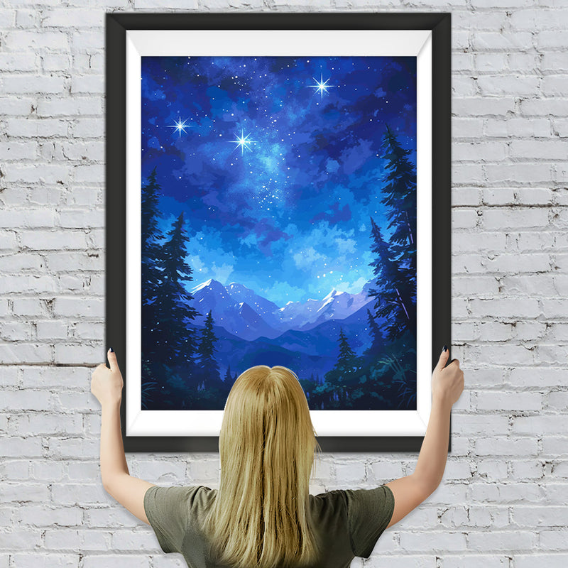 Berge und Wälder unter dem blauen Sternenhimmel Diamond Painting