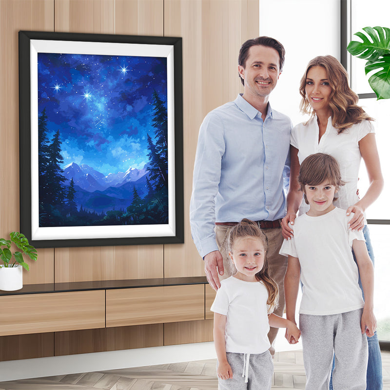 Berge und Wälder unter dem blauen Sternenhimmel Diamond Painting