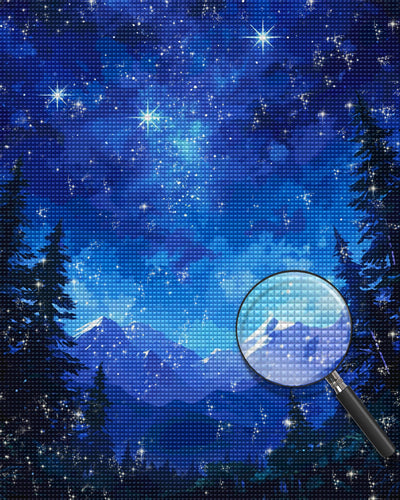 Berge und Wälder unter dem blauen Sternenhimmel Diamond Painting