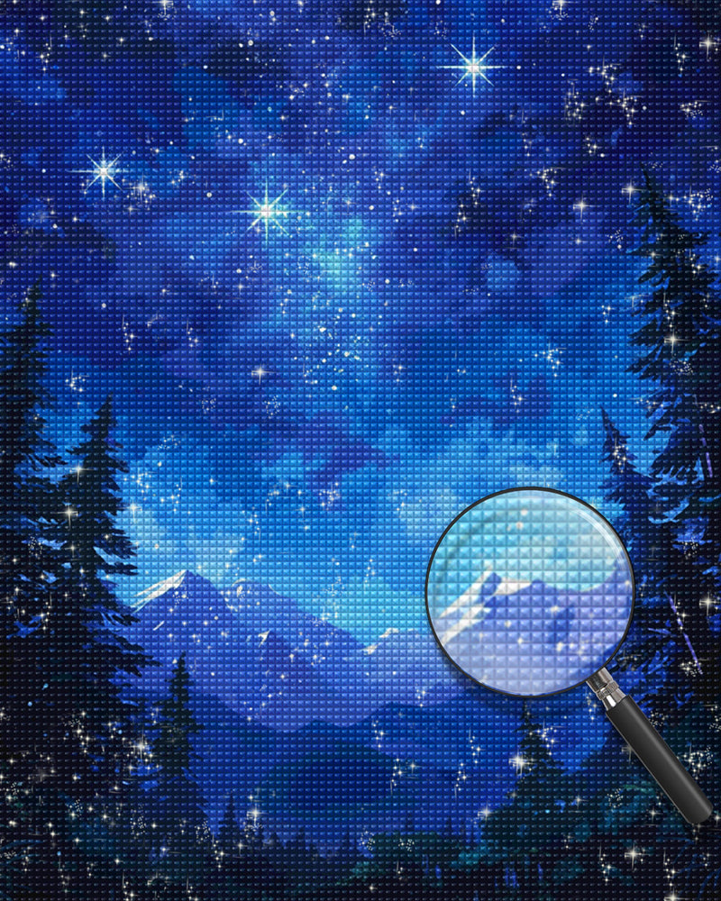 Berge und Wälder unter dem blauen Sternenhimmel Diamond Painting