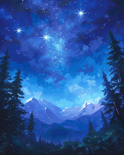 Berge und Wälder unter dem blauen Sternenhimmel Diamond Painting