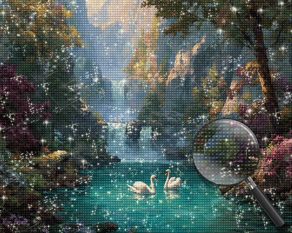 Bergwasserfälle und Schwäne Diamond Painting