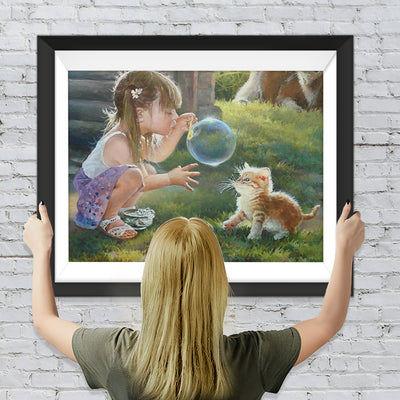 Blasendes Mädchen und Katze Diamond Painting