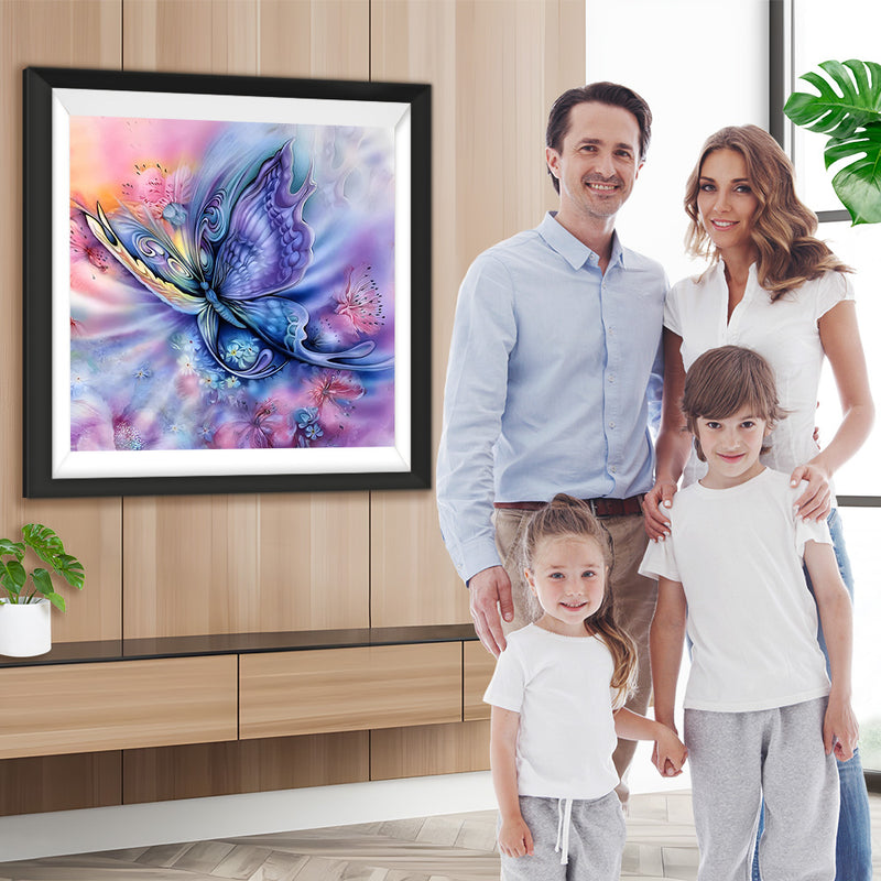 Blau-lila Schmetterling und Blumen Diamond Painting