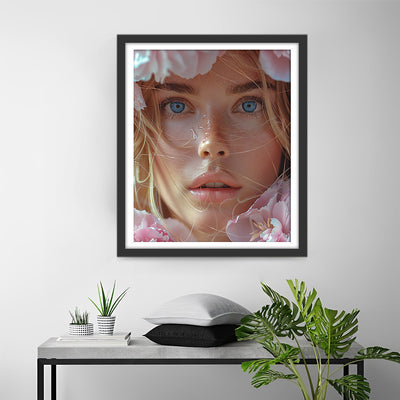Blauäugige Frauen und rosa Blumen Diamond Painting