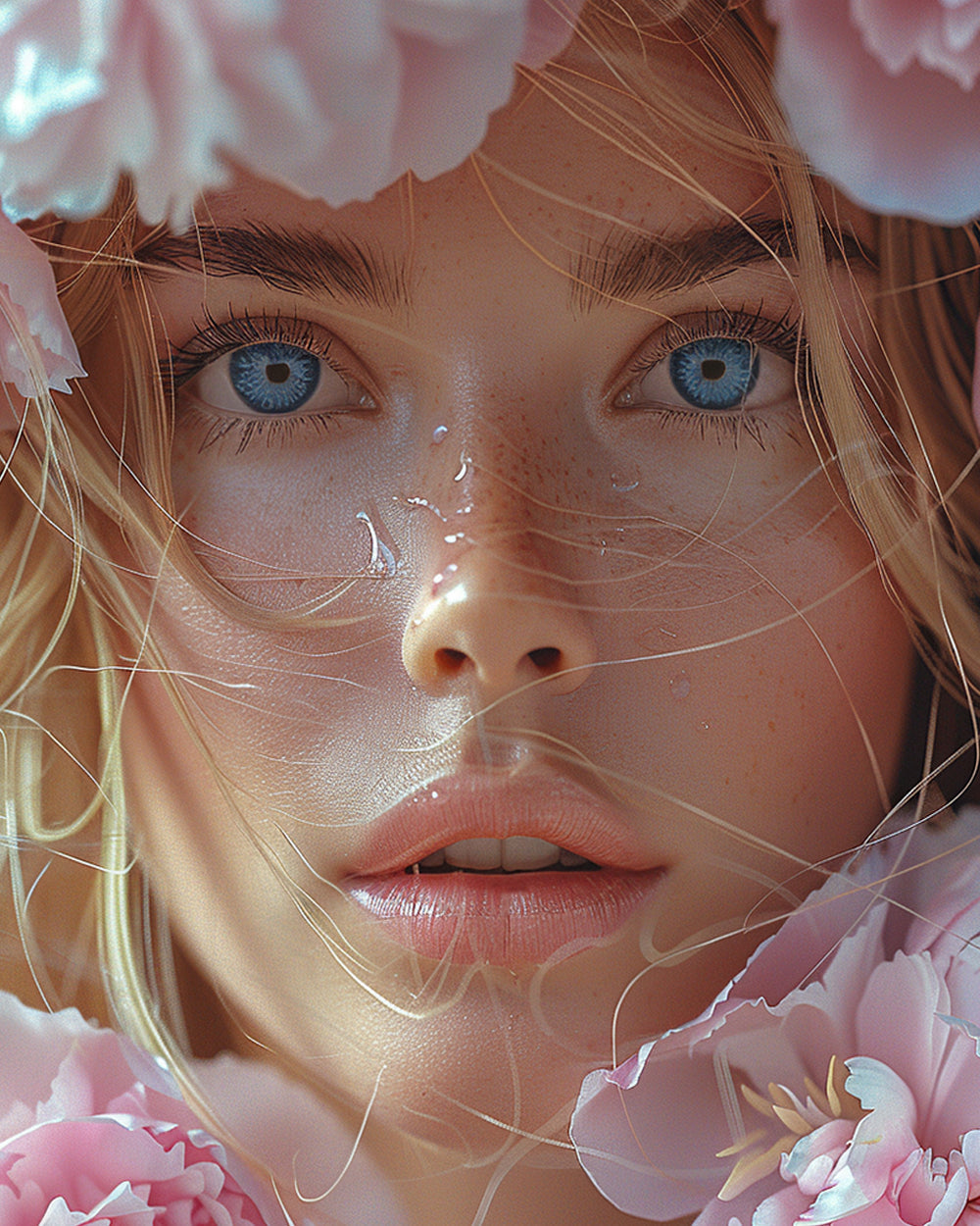 Blauäugige Frauen und rosa Blumen Diamond Painting