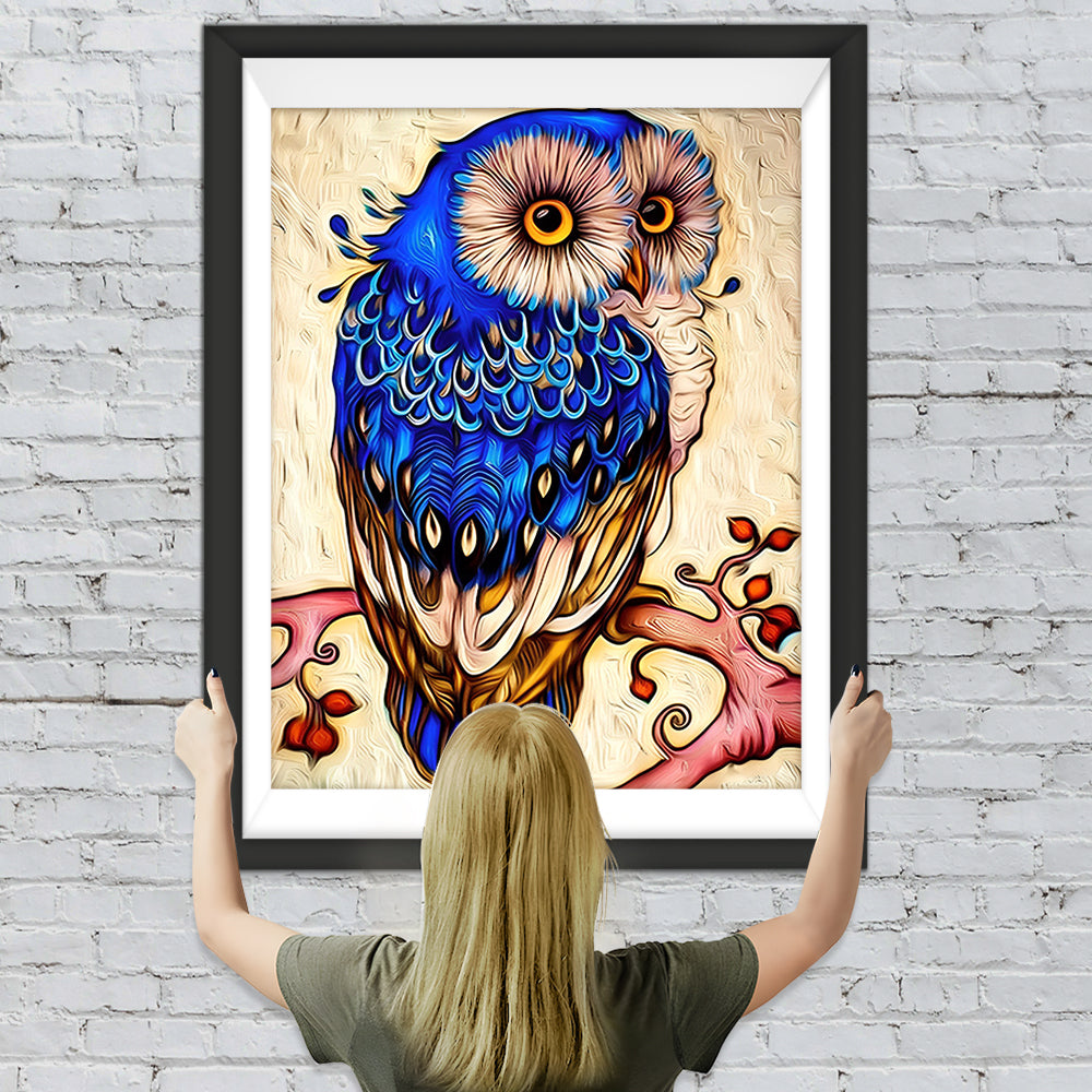 Blaue Eule auf dem Ast Diamond Painting