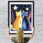Blaue Katze und orangefarbene Katze unter dem Sternenhimmel Diamond Painting