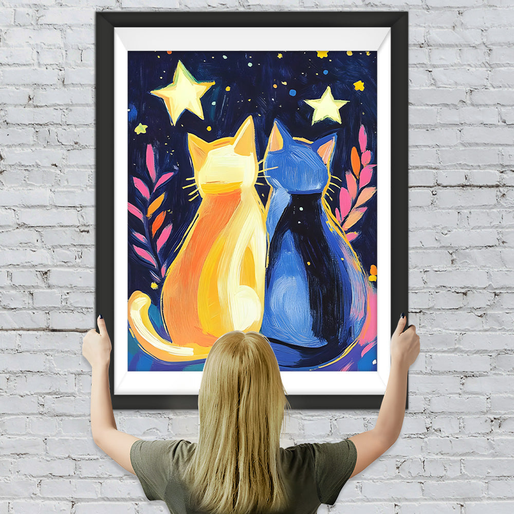 Blaue Katze und orangefarbene Katze unter dem Sternenhimmel Diamond Painting