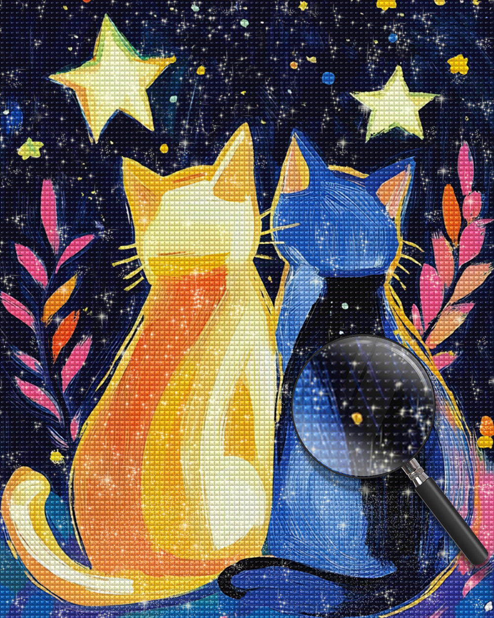 Blaue Katze und orangefarbene Katze unter dem Sternenhimmel Diamond Painting