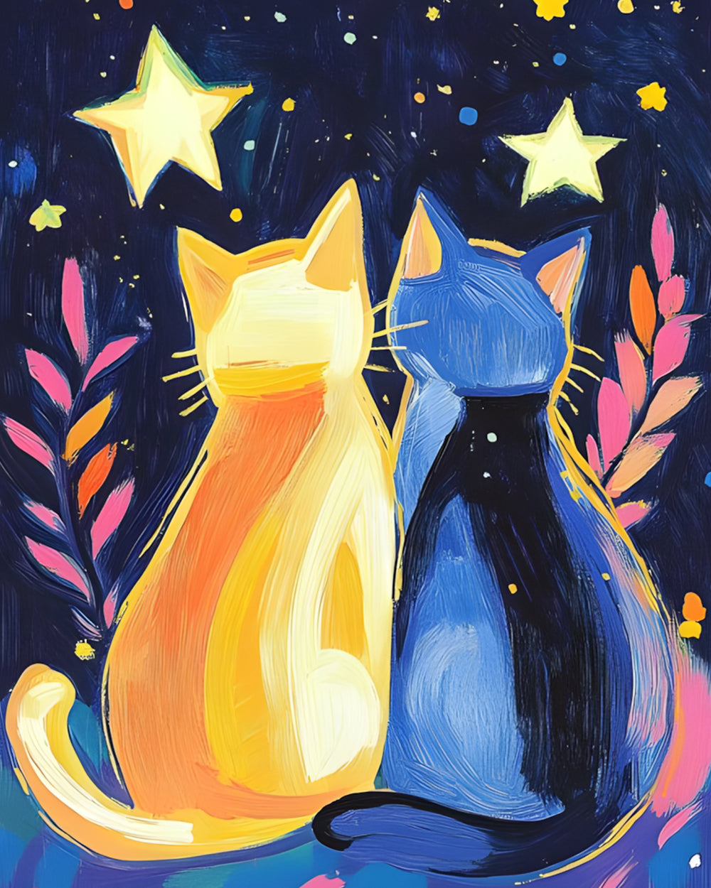 Blaue Katze und orangefarbene Katze unter dem Sternenhimmel Diamond Painting