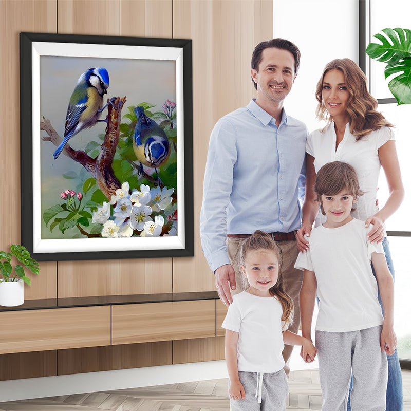 Blaue Meisen und weiße Blumen Diamond Painting