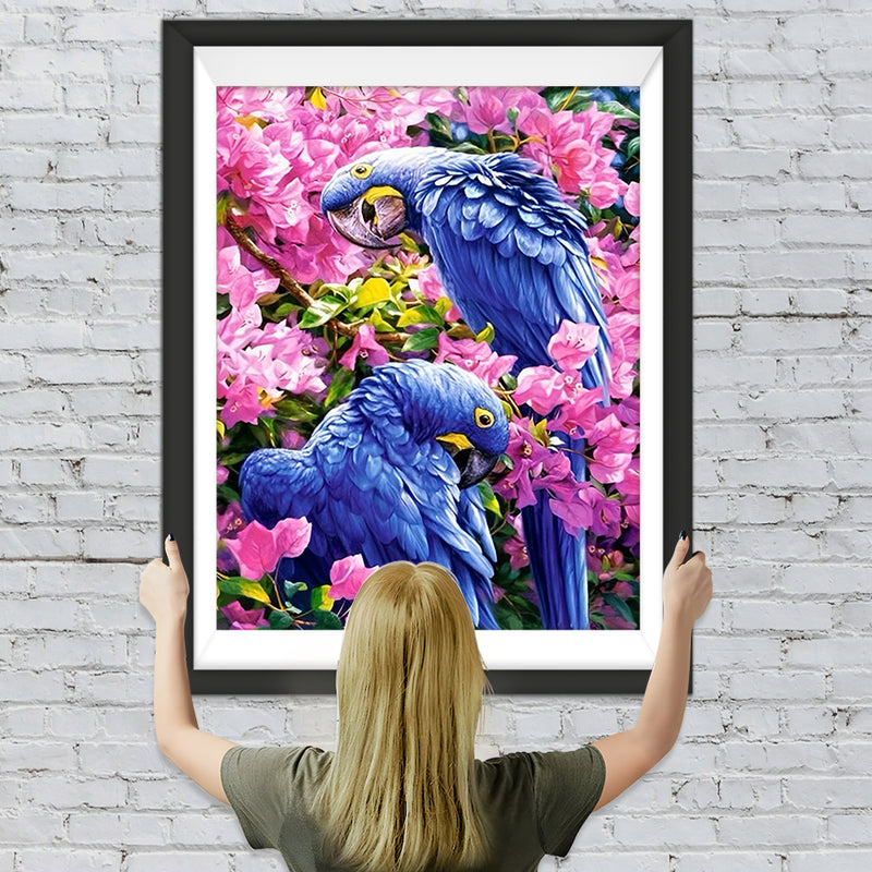 Blaue Papageien und rosa Blumen Diamond Painting