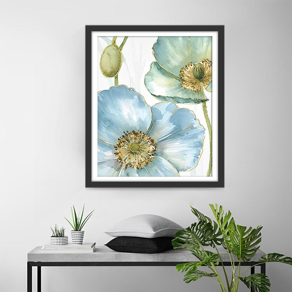Blaue und grüne Mohnblumen und Knospen Diamond Painting