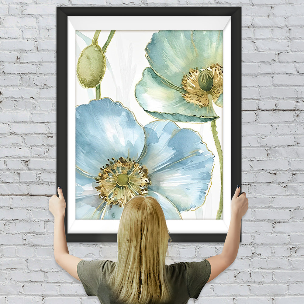 Blaue und grüne Mohnblumen und Knospen Diamond Painting