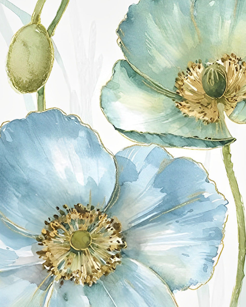 Blaue und grüne Mohnblumen und Knospen Diamond Painting