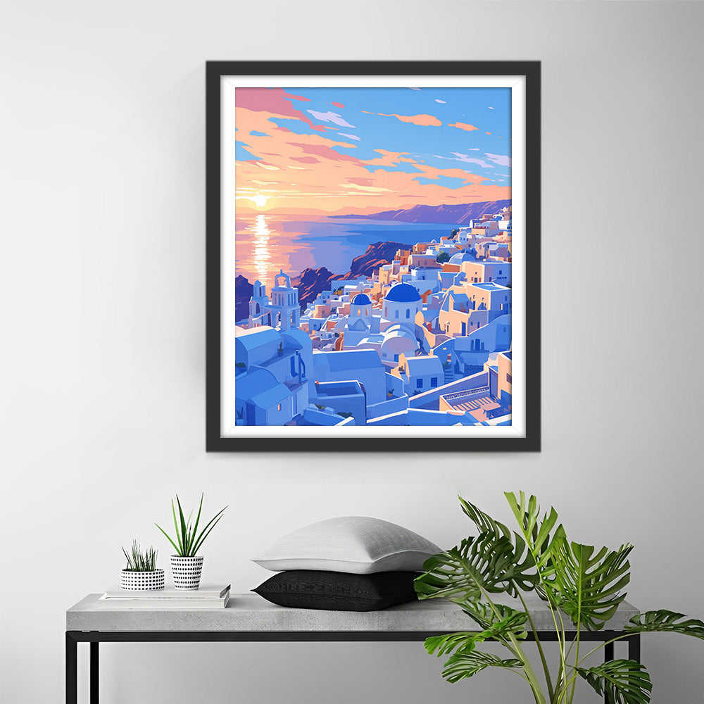 Blaue und weiße Gebäude an der Küste Diamond Painting