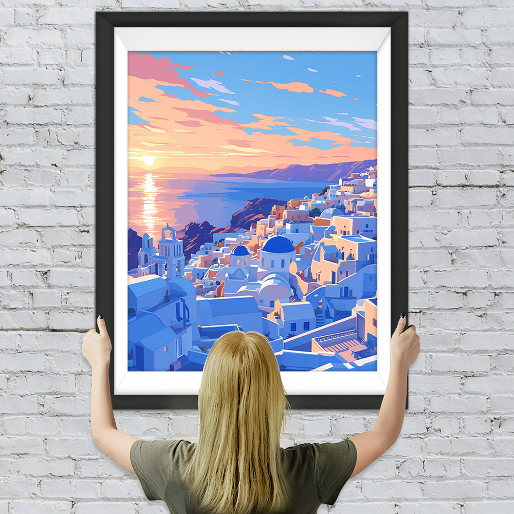 Blaue und weiße Gebäude an der Küste Diamond Painting