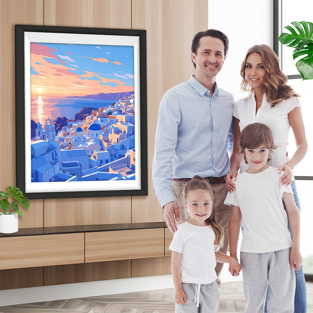 Blaue und weiße Gebäude an der Küste Diamond Painting