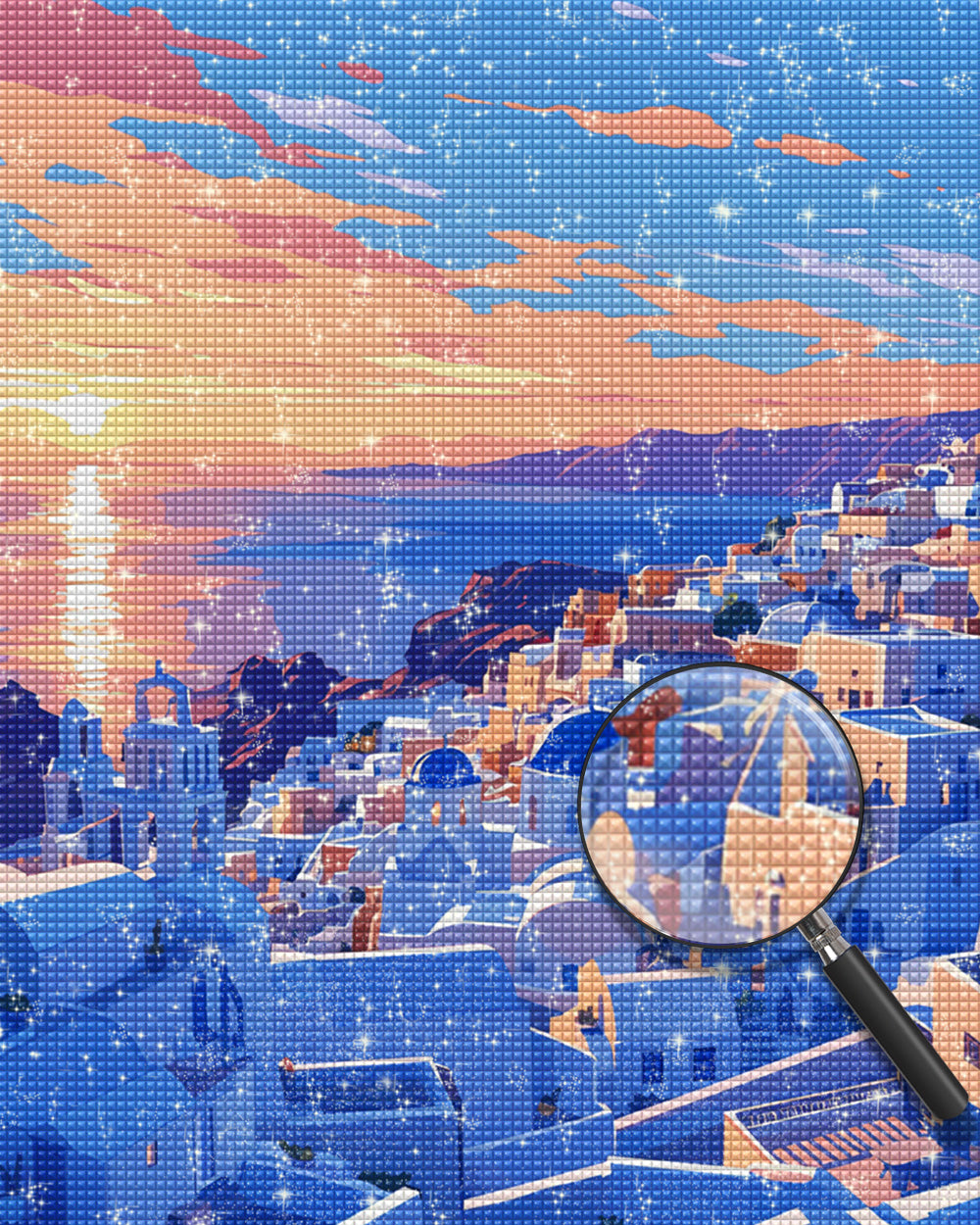 Blaue und weiße Gebäude an der Küste Diamond Painting