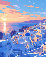 Blaue und weiße Gebäude an der Küste Diamond Painting