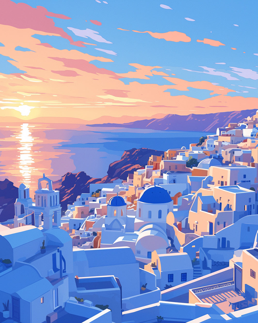 Blaue und weiße Gebäude an der Küste Diamond Painting