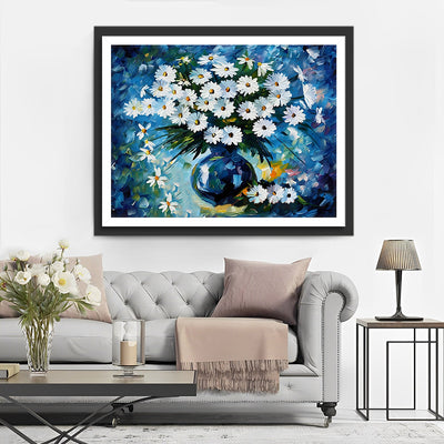 Blaue Vase und weiße Gänseblümchen Diamond Painting