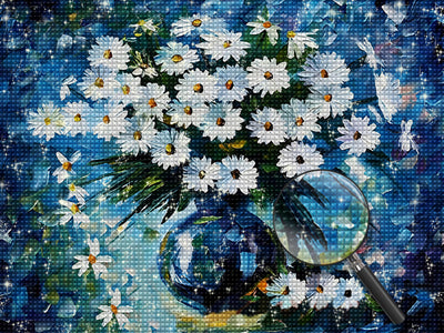 Blaue Vase und weiße Gänseblümchen Diamond Painting