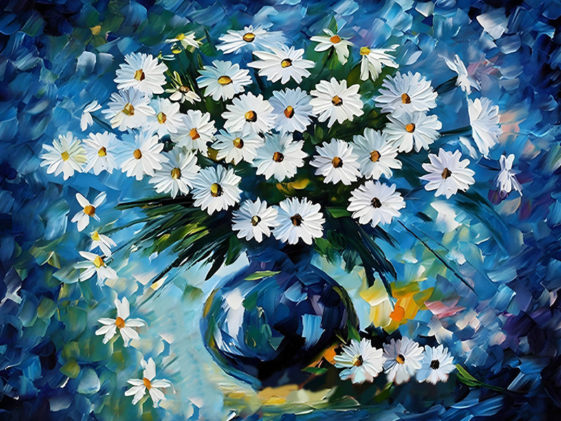 Blaue Vase und weiße Gänseblümchen Diamond Painting