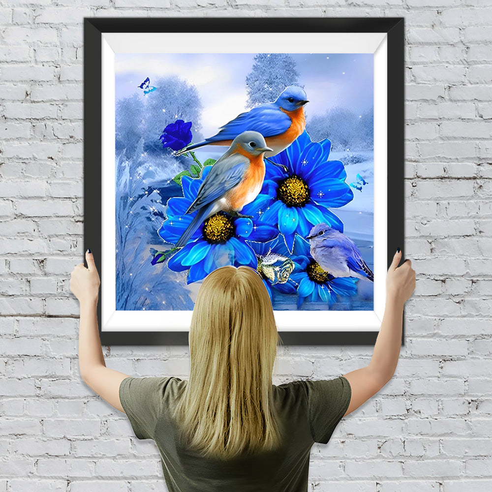 Blaue Vögel auf blauen Gänseblümchen Diamond Painting