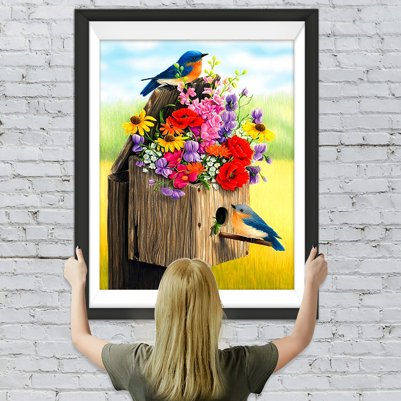 Blaue Vögel und Blumenstrauß Diamond Painting